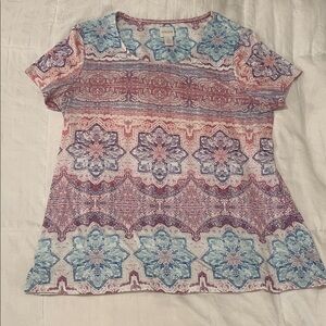 Chico's Women's short sleeve floral like printed scoop neck slight flared tee 1